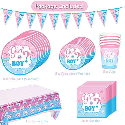 BETOY 42 Pcs Boy or Girl Party Supplies Tableware Set, Baby Gender Reveal Party Supplies, Platos, Tazas, Servilletas, Manteles, con Capacidad para 8 Personas