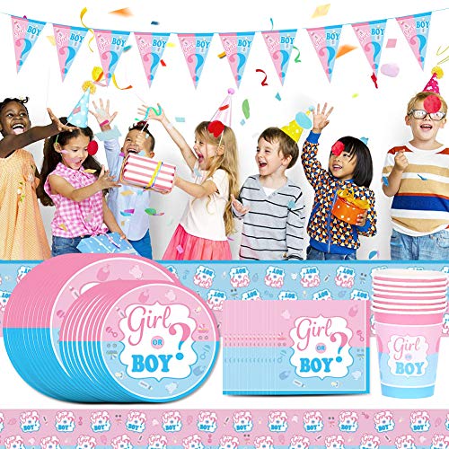 BETOY 42 Pcs Boy or Girl Party Supplies Tableware Set, Baby Gender Reveal Party Supplies, Platos, Tazas, Servilletas, Manteles, con Capacidad para 8 Personas