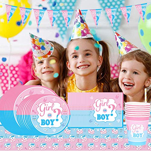 BETOY 42 Pcs Boy or Girl Party Supplies Tableware Set, Baby Gender Reveal Party Supplies, Platos, Tazas, Servilletas, Manteles, con Capacidad para 8 Personas