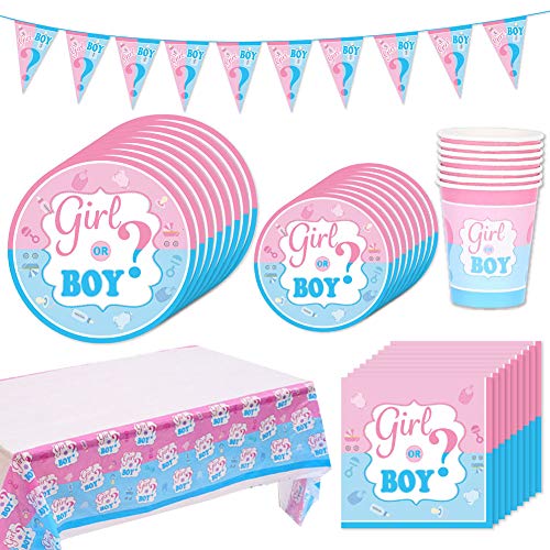 BETOY 42 Pcs Boy or Girl Party Supplies Tableware Set, Baby Gender Reveal Party Supplies, Platos, Tazas, Servilletas, Manteles, con Capacidad para 8 Personas