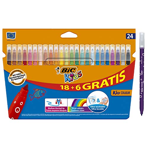 BIC Kids Rotuladores Lavables para Niños, Óptimo para material escolar y de oficina,Kid Couleur, Punta Media, Colores Llamativos, Caja de 24 Rotuladores