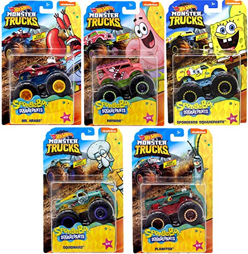 Big N' Monster Wheels Character Action Jam Squarepants 5-Pack Official Pickup Bundle + Spongebob Yellow Bubble bash / Patrick Star / Squidward / Mr. Krabs / Plankton Die-Cast 5 Items Bundle