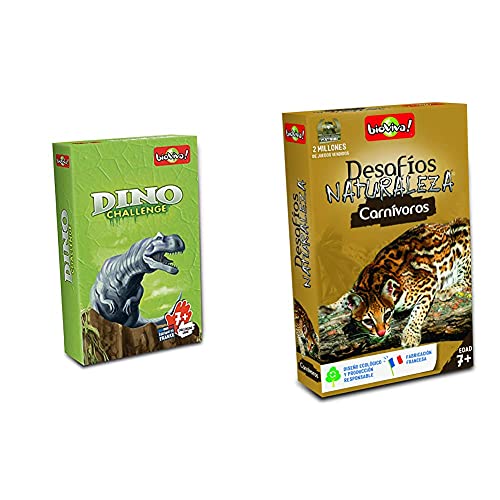 Bioviva Juego de Cartas Dino Challenge, Color Verde (Asmodee DIN01) + Juego de Cartas Desafíos Naturaleza Carnívoros (Asmodee 307) , Color/Modelo Surtido