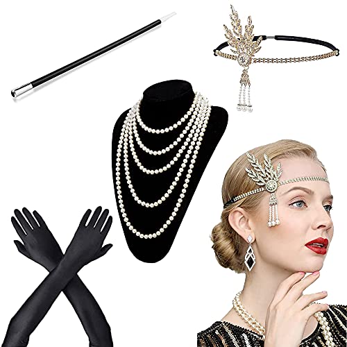 BIRLON 1920s Set de Accesorios Disfraz, Años 20 Flapper Disfraces Accesorios de Charlestón Diadema Pendientes Collar de Perlas Guantes para Mujer Disfraz (Negro#2)