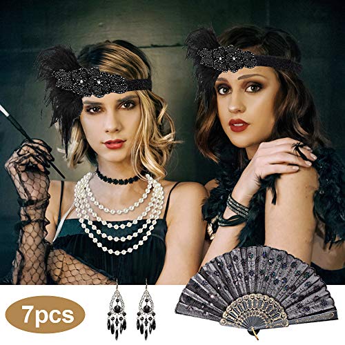 BIRLON 1920s Set de Accesorios Disfraz, Años 20 Flapper Disfraces Accesorios de Charlestón Diadema Pendientes Collar de Perlas Guantes para Mujer Disfraz