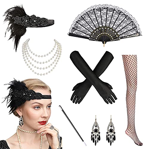 BIRLON 1920s Set de Accesorios Disfraz, Años 20 Flapper Disfraces Accesorios de Charlestón Diadema Pendientes Collar de Perlas Guantes para Mujer Disfraz