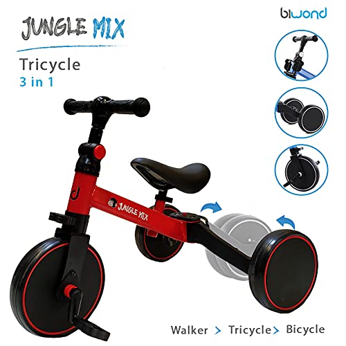 BIWOND Triciclo Jungle Mix (3 Modos; Andador, Triciclo y Bicicleta, Ruedas Anchas, Manillar Antideslizante, Pedales Desmontables, Diferentes Posiciones) - Rojo