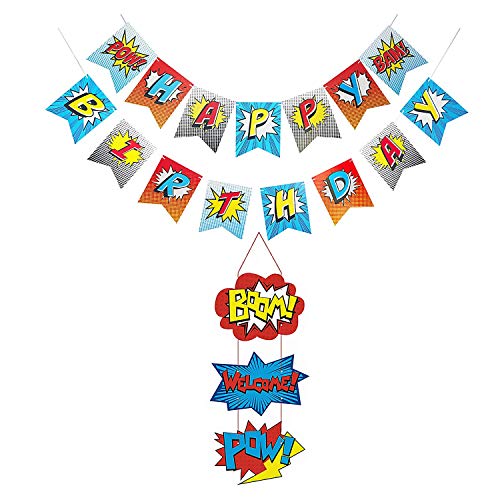 BJ-SHOP Feliz Cumpleaños Bandera,Banner de Fiesta Superhéroe Letrero de Puerta para Decoraciones de Suministros para Fiestas