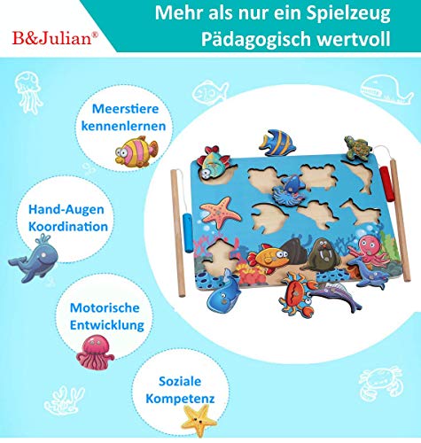 B&Julian Juego de Pesca imán de Madera con 12 Piezas Animal magnético Rompecabezas de Madera Juguete con Peces Habilidades motoras Juguetes educativos para niños a Partir de 18 Meses (La Corola)