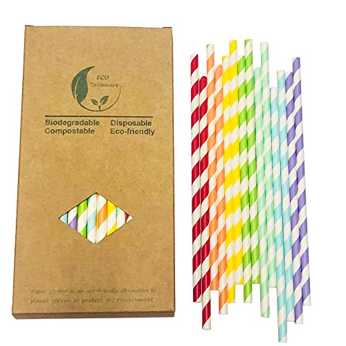 Blanco y rojo/naranja/amarillo/verde/azul/azul/púrpura rayas mezcla colores 7 arco iris cóctel fiesta de papel potable, artículos de fiesta decorados y accesorios de fiesta para beber pajitas de papel