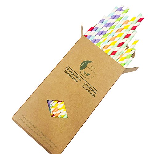 Blanco y rojo/naranja/amarillo/verde/azul/azul/púrpura rayas mezcla colores 7 arco iris cóctel fiesta de papel potable, artículos de fiesta decorados y accesorios de fiesta para beber pajitas de papel