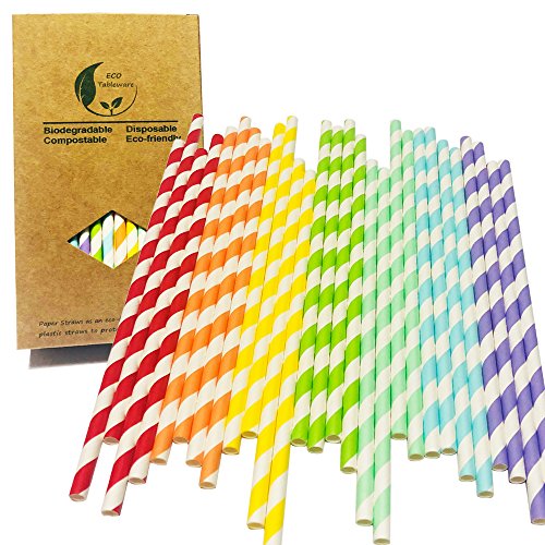 Blanco y rojo/naranja/amarillo/verde/azul/azul/púrpura rayas mezcla colores 7 arco iris cóctel fiesta de papel potable, artículos de fiesta decorados y accesorios de fiesta para beber pajitas de papel