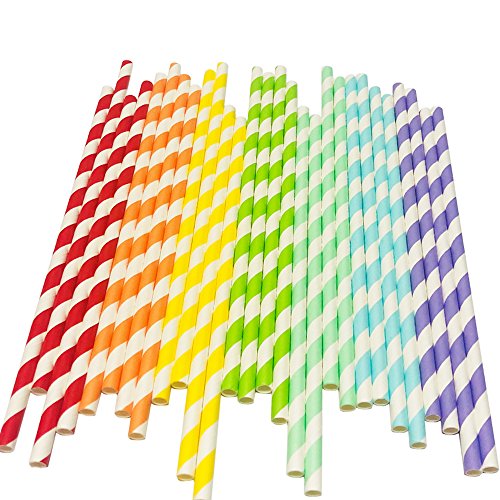 Blanco y rojo/naranja/amarillo/verde/azul/azul/púrpura rayas mezcla colores 7 arco iris cóctel fiesta de papel potable, artículos de fiesta decorados y accesorios de fiesta para beber pajitas de papel