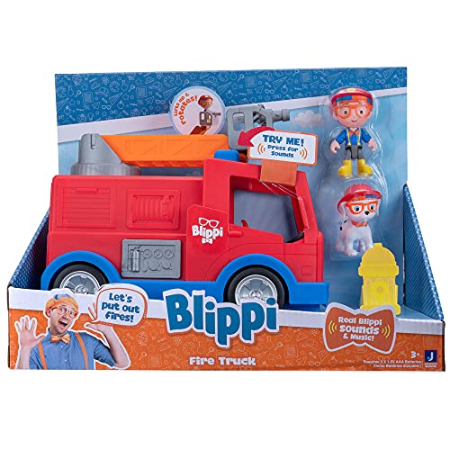 Blippi BLP0159 Truck-Fun Freewheeling Características Que Incluyen 3 Bomberos y Perros de Bomberos, Sonidos y Frases, vehículos educativos para niños pequeños y niños pequeños, Rojo