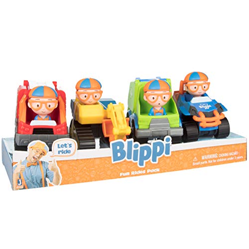 Blippi Juego de 4 vehículos de juguete, tamaño más grande de 3 pulgadas, incluye excavadora, móvil, camión de bomberos y camión de basura, 3 años más, juguetes de construcción