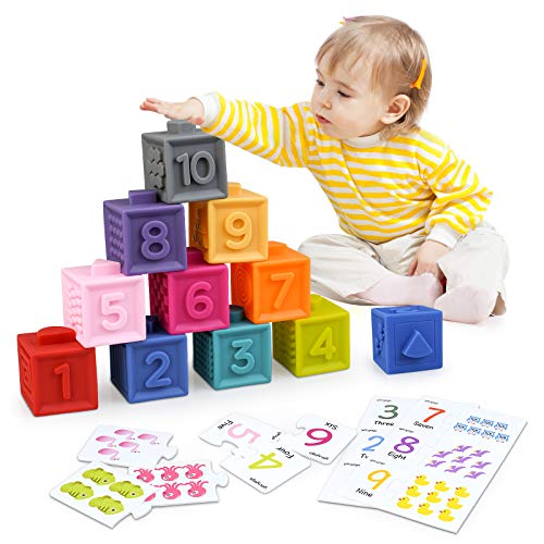 Bloques de Apilamiento Juguete de Construcción Cubo Blando con Tarjetas de Puzzle Incluido 30Pcs Blandito Juguete y Rompecabezas de Número y Animales Juguete Regalo Educativo para Niños