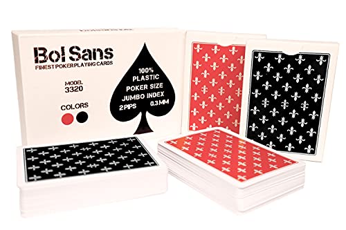 Bol Sans Playing Cards 3320 - Juego de cartas de póquer (2 barajas, 100% plástico y resistente al agua, índice jumbo de 0,3 mm de grosor), color negro y rojo