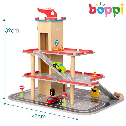 boppi Garaje y Aparcamiento de Madera de Juguete de 39 cm de Alto para niños de 12 Piezas, con Ascensor Funcional a Las 3 Plantas, gasolinera, señales de tráfico, 2 Coches de Juguete y un helicóptero