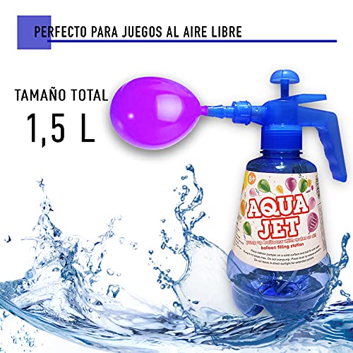 Botella con Hinchador para Globos de agua. Globos de Agua para Fiestas. Llenado fácil y Rápido. Botella de 1,5 Lts. Y 100 Globos. Juegos de agua Divertidos. Water Balloons. (AZUL)