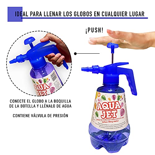 Botella con Hinchador para Globos de agua. Globos de Agua para Fiestas. Llenado fácil y Rápido. Botella de 1,5 Lts. Y 100 Globos. Juegos de agua Divertidos. Water Balloons. (AZUL)