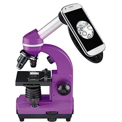 Bresser Microscopio para Estudiantes Biolux Sel con Soporte para Smartphone, Ricos Accesorios y Sistema de Zoom Barlow para niños, Principiantes y Adultos, Color Morado