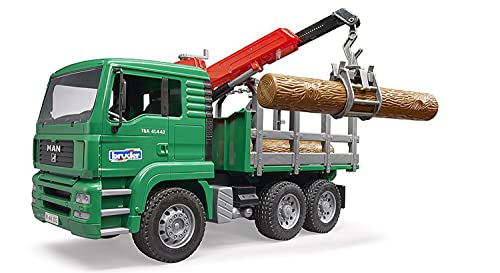 bruder 2769 Man - Camión Miniatura de Transporte de Madera con grúa y 3 Troncos de árbol