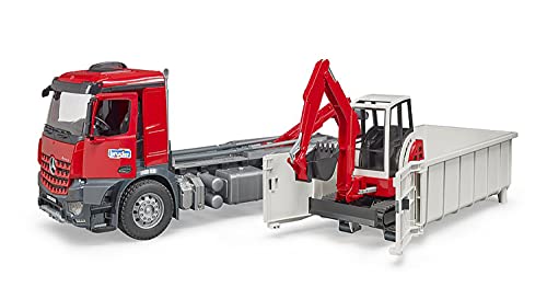 Bruder-BRUDER-03624-CAMION MB AROCS - Pala con contenedor y Mini Pala SCHAEFF HR 16, 3624, Color Rojo