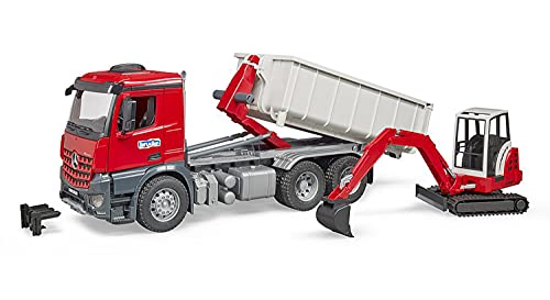 Bruder-BRUDER-03624-CAMION MB AROCS - Pala con contenedor y Mini Pala SCHAEFF HR 16, 3624, Color Rojo