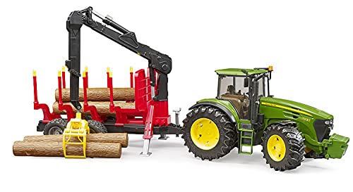 Bruder-BRUDER-3054-TRACTOR John Deere 7930 con REMORQUE FORESTRA Y 4 REDONDINOS DE Madera 3054, Verde E Rojo