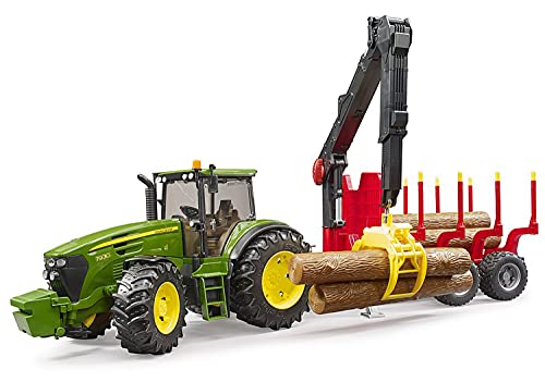 Bruder-BRUDER-3054-TRACTOR John Deere 7930 con REMORQUE FORESTRA Y 4 REDONDINOS DE Madera 3054, Verde E Rojo