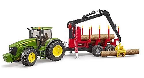 Bruder-BRUDER-3054-TRACTOR John Deere 7930 con REMORQUE FORESTRA Y 4 REDONDINOS DE Madera 3054, Verde E Rojo