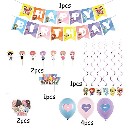 BTS Birthday Decorations Set, NALCY 36 Pcs BTS Conjunto de Decoración de cumpleaños BTS Cupcake Toppers Banner Globos Happy Birthday Cake Topper Decoracion de Fiesta cumpleaños para A.R.M.Y