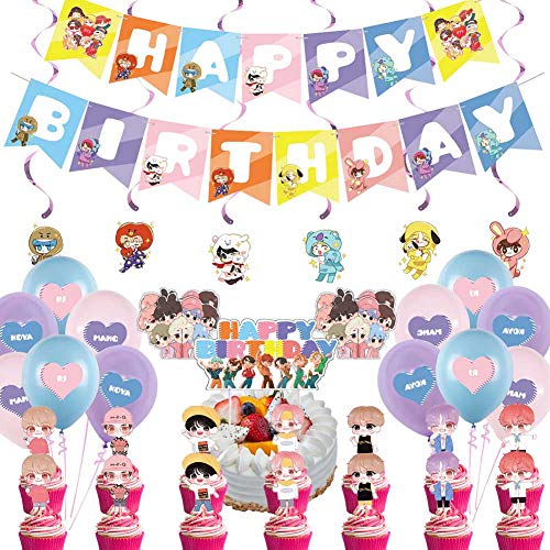 BTS Birthday Decorations Set, NALCY 36 Pcs BTS Conjunto de Decoración de cumpleaños BTS Cupcake Toppers Banner Globos Happy Birthday Cake Topper Decoracion de Fiesta cumpleaños para A.R.M.Y