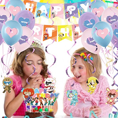 BTS Birthday Decorations Set, NALCY 36 Pcs BTS Conjunto de Decoración de cumpleaños BTS Cupcake Toppers Banner Globos Happy Birthday Cake Topper Decoracion de Fiesta cumpleaños para A.R.M.Y