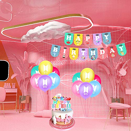 BTS Birthday Party Supplies 40PCS BTS Conjunto de Decoración de cumpleaños BTS Cupcake Toppers Banner Globos Happy Birthday Cake Topper Decoraciones de Fiesta cumpleaños