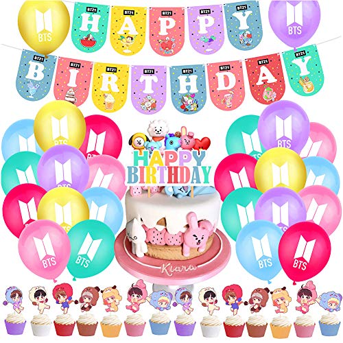 BTS Birthday Party Supplies 40PCS BTS Conjunto de Decoración de cumpleaños BTS Cupcake Toppers Banner Globos Happy Birthday Cake Topper Decoraciones de Fiesta cumpleaños