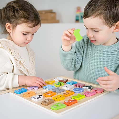 Budding Bear Puzzle de Madera Letras de Alfabeto Animales - Madera Natural 100% Ecológica - Sin Químicos, Plástico y Toxinas – 26 Piezas + Tablero - Puzzle Niños 3 Años+ Nombres Animales en Inglés