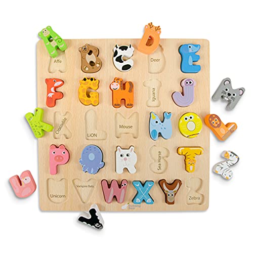 Budding Bear Puzzle de Madera Letras de Alfabeto Animales - Madera Natural 100% Ecológica - Sin Químicos, Plástico y Toxinas – 26 Piezas + Tablero - Puzzle Niños 3 Años+ Nombres Animales en Inglés