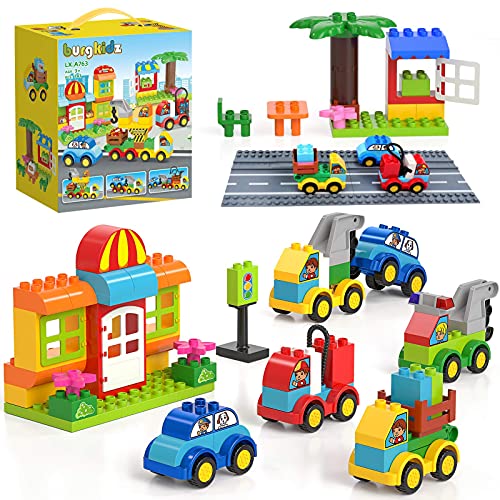 burgkidz Bloques de Construcción - 141 Piezas de Ladrillos Grandes - 6 Vehículos Diferentes con Placa Base de Carretera, Juguete Creativo y Divertido para niños a Partir de 2 años