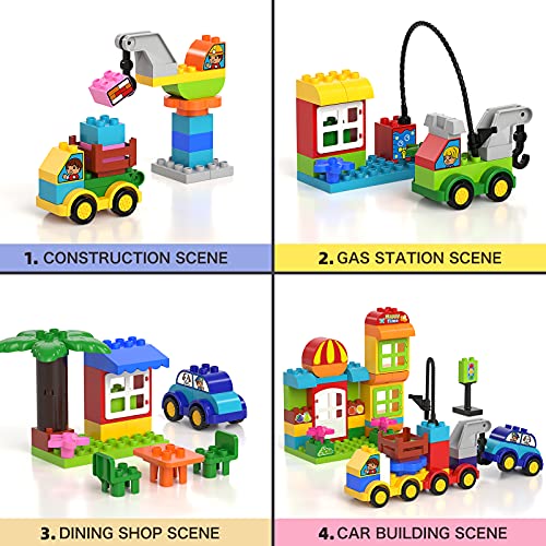 burgkidz Bloques de Construcción - 141 Piezas de Ladrillos Grandes - 6 Vehículos Diferentes con Placa Base de Carretera, Juguete Creativo y Divertido para niños a Partir de 2 años