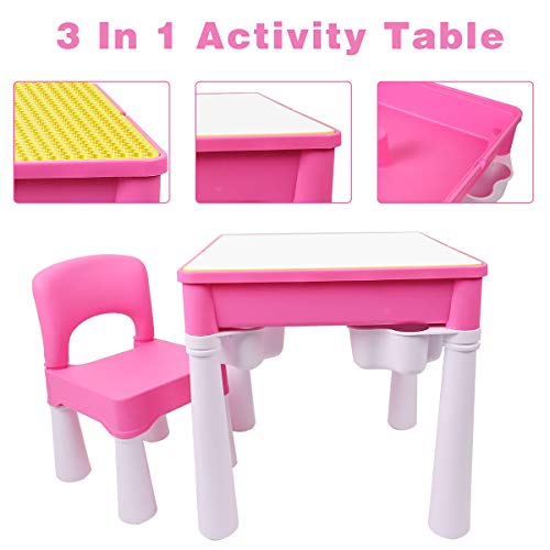 burgkidz Juego de Mesa y Silla Infantil, Mesa de Actividades Construccion y Silla con 128 Piezas Juguetes de Creativos Grandes Clásicos para Niñas, Rosa