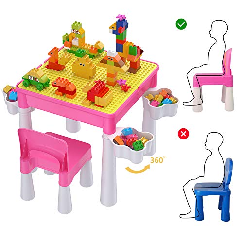 burgkidz Juego de Mesa y Silla Infantil, Mesa de Actividades Construccion y Silla con 128 Piezas Juguetes de Creativos Grandes Clásicos para Niñas, Rosa