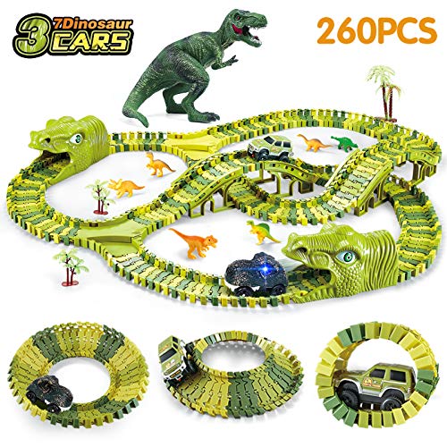 burgkidz Juego de Pistas Dinosaurios de Carreras de Autos, 260 Piezas Dinosaurios Pista con 3 Vagones de Ferrocarril y 7 Juguetes Dinosaurio, Circuitos de Carreras de Juguete para Niños