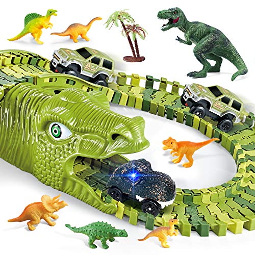 burgkidz Juego de Pistas Dinosaurios de Carreras de Autos, 260 Piezas Dinosaurios Pista con 3 Vagones de Ferrocarril y 7 Juguetes Dinosaurio, Circuitos de Carreras de Juguete para Niños