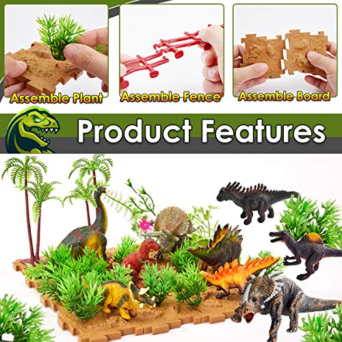 BUYGER 58 Pcs Dinosaurio Juguetes con Tapete de Juego y Arboles, Tyrannosaurus Rex, Spinosaurus, Juego de Dinosaurios Regalos para Niños Niña 3 4 5 Años