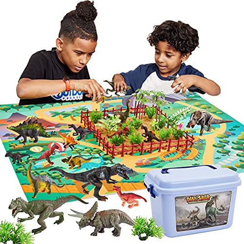 BUYGER 58 Pcs Dinosaurio Juguetes con Tapete de Juego y Arboles, Tyrannosaurus Rex, Spinosaurus, Juego de Dinosaurios Regalos para Niños Niña 3 4 5 Años