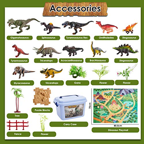 BUYGER 58 Pcs Dinosaurio Juguetes con Tapete de Juego y Arboles, Tyrannosaurus Rex, Spinosaurus, Juego de Dinosaurios Regalos para Niños Niña 3 4 5 Años