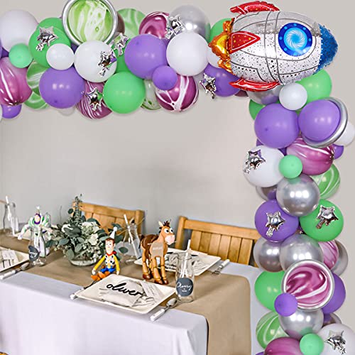 Buzz Cumpleaños Lightyear Party Decorations Purple Green Globo Garland Arch Kit con rocket Foil Globo Lightyear Fuentes de fiesta para el 1º 2º 3º 4º 5º 6º Fiesta de cumpleaños de juguete