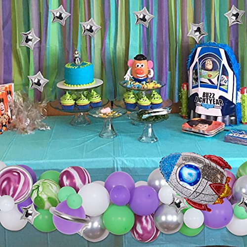 Buzz Cumpleaños Lightyear Party Decorations Purple Green Globo Garland Arch Kit con rocket Foil Globo Lightyear Fuentes de fiesta para el 1º 2º 3º 4º 5º 6º Fiesta de cumpleaños de juguete