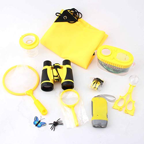 Cabilock Kit de Explorador para Exteriores de 9 Piezas para Niños Juego de Aventura Al Aire Libre con Bolsa con Cordón Binoculares Cazamariposas Educativo de Juguetes de Exploración (Amarillo)